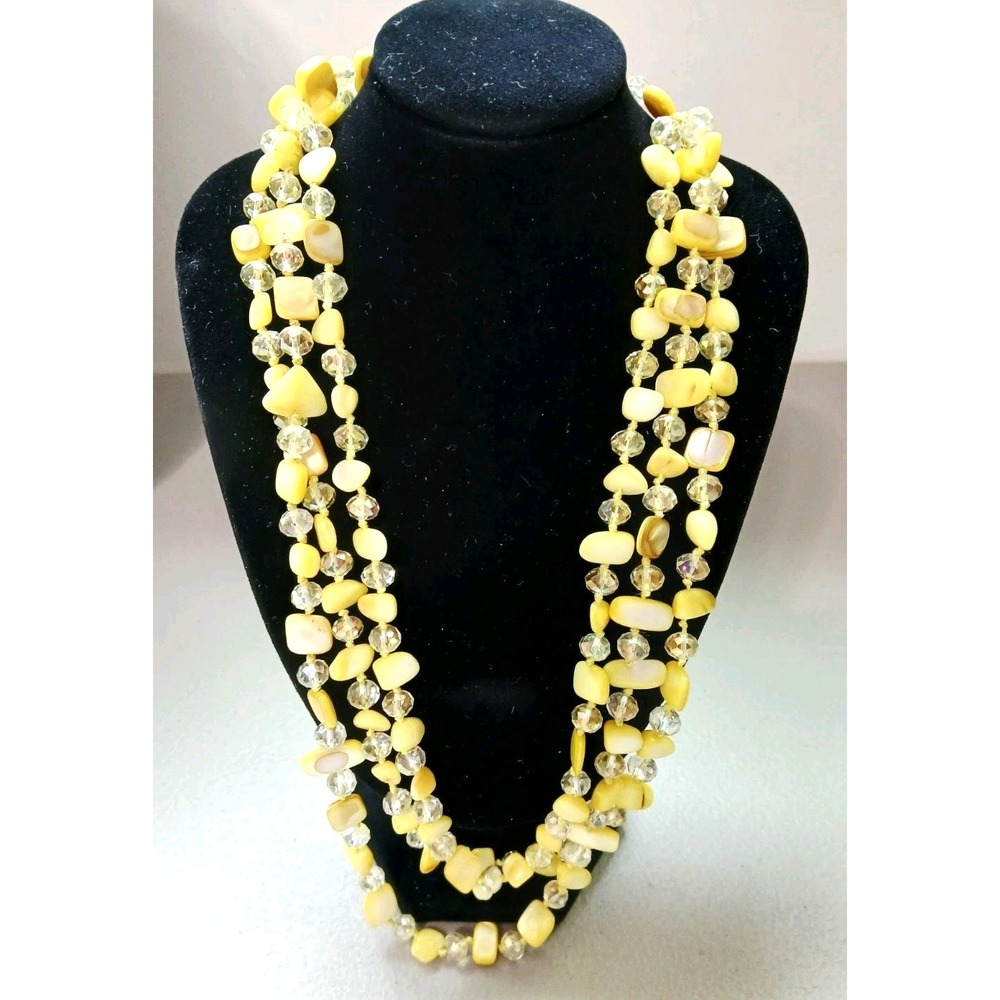 Artisan 3 Strand Yellow Mother of Pearl Bead Statement Necklace Chunky Layered